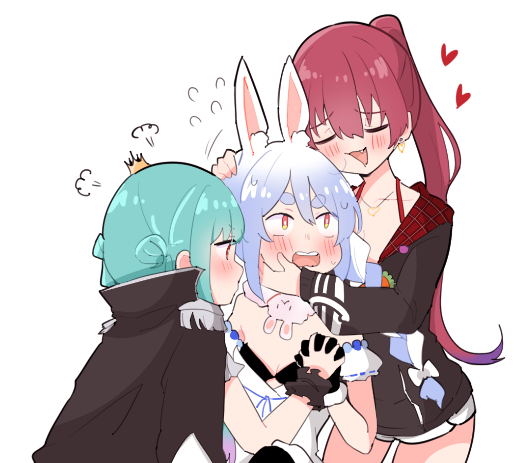 3girls, :<, black_gloves, blue_hair, bow, braid, breasts, crown, don-chan_(usada_pekora), earrings, epaulettes, fang, fur-trimmed_gloves, fur_trim, gloves, gradient_hair, green_hair, hair_bow, heart, heart_earrings, holding_hands, hololive, houshou_marine, interlocked_fingers, jacket, jacket_on_shoulders, jewelry, mini_crown, multicolored_hair, multiple_girls, necklace, pink_hair, ponytail, redhead, sakana_(saka11205), small_breasts, thick_eyebrows, twin_braids, two-tone_hair, uruha_rushia, usada_pekora, virtual_youtuber, white_hair, yuri