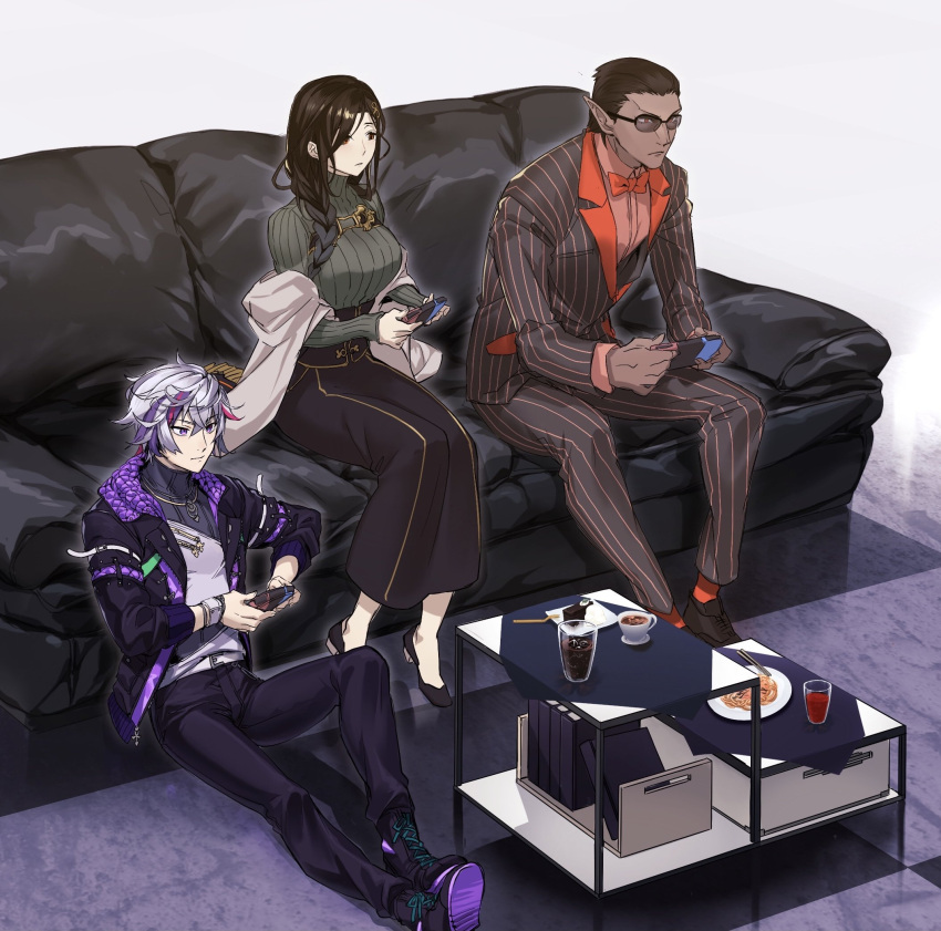 1girl, 2boys, black_hair, black_pants, bow, bowtie, braid, chopsticks