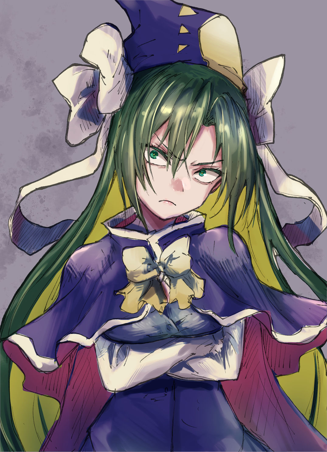 1girl, angry, crossed_arms, green_hair, hat, highres, long_hair, mima_(touhou)