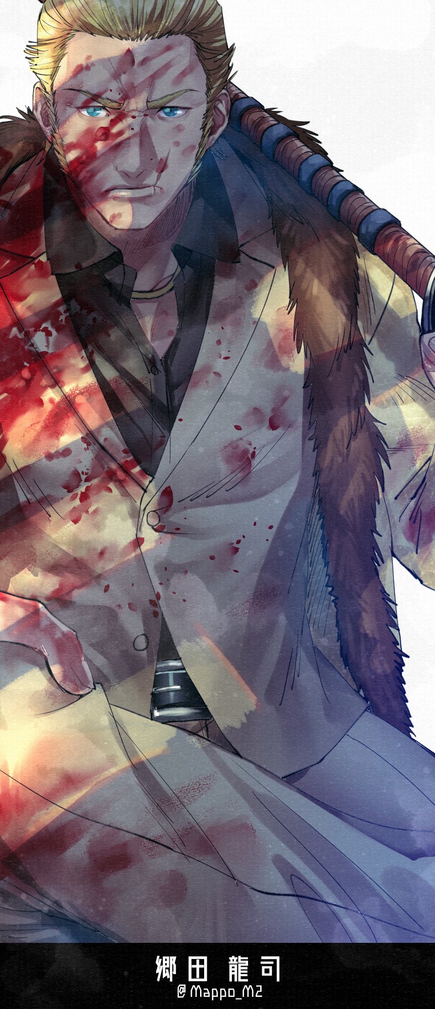 1boy, after_battle, beige_jacket, beige_pants, black_shirt, blonde_hair, blood, blood_on_clothes