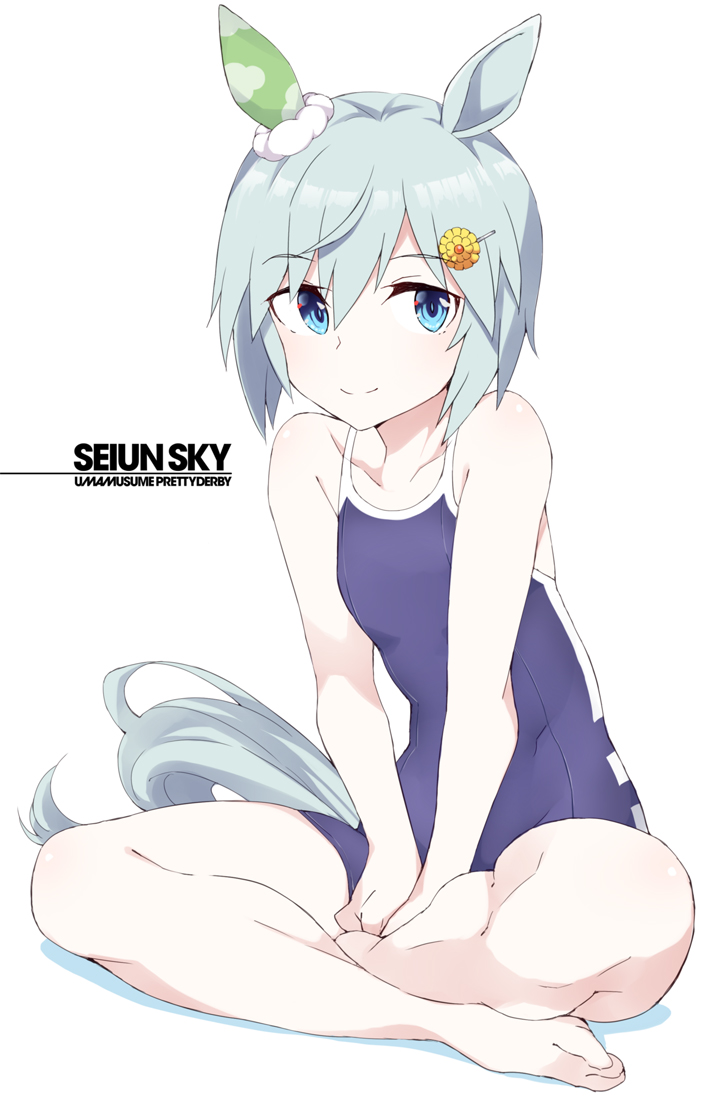 1girl, animal_ears, bangs, barefoot, blue_eyes, blue_swimsuit, character_name, copyright_name