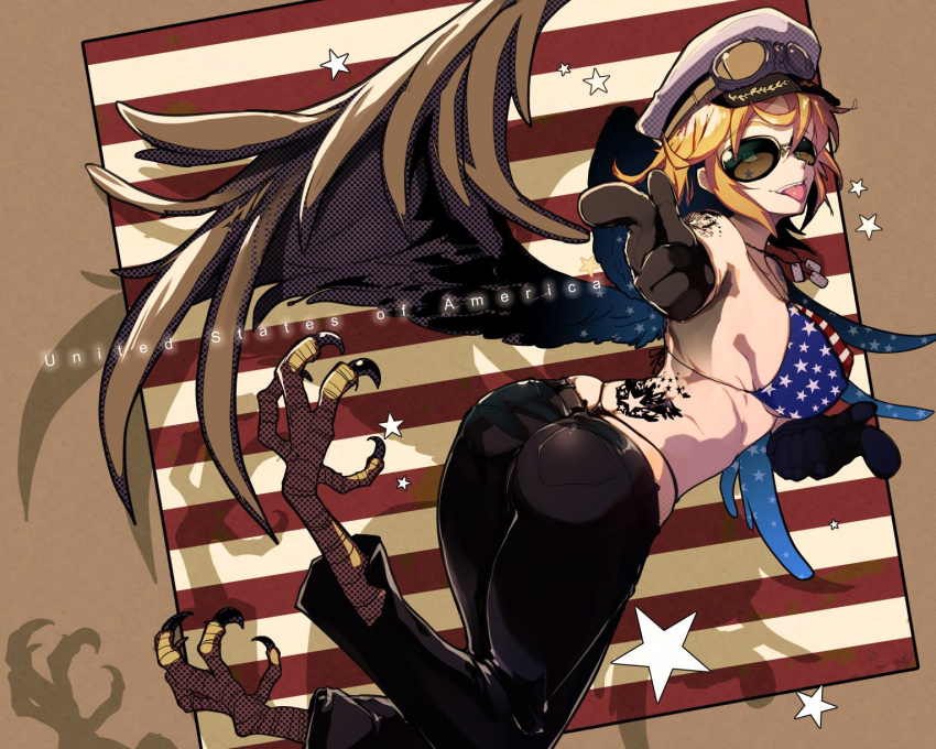 1girl, american_flag, american_flag_bikini_top, animal_feet, ass, bangs, bird_legs, black_pants, blonde_hair, breasts, brown_background, brown_wings, commentary_request, dog_tags, eyebrows_visible_through_hair, facial_tattoo, feathered_wings, feathers, flat_cap, goggles, goggles_on_headwear, harpy, hat, highres, medium_breasts, monster_girl, original, panties, pants, pointing, ryuu_tou, short_hair, solo, star_(symbol), string_panties, sunglasses, talons, tattoo, tongue, tongue_out, underwear, wings