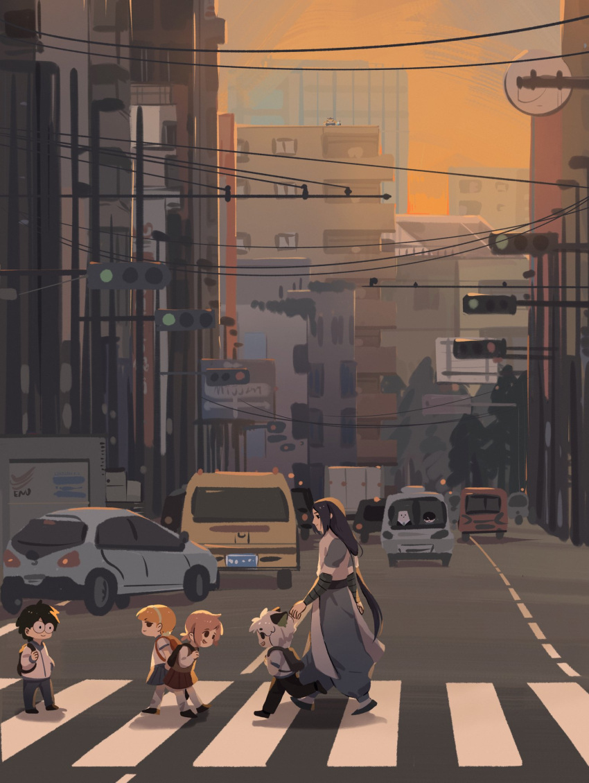 2girls, 3boys, a'gen_(the_legend_of_luoxiaohei), black_hair, building, crosswalk, highres, likosloki