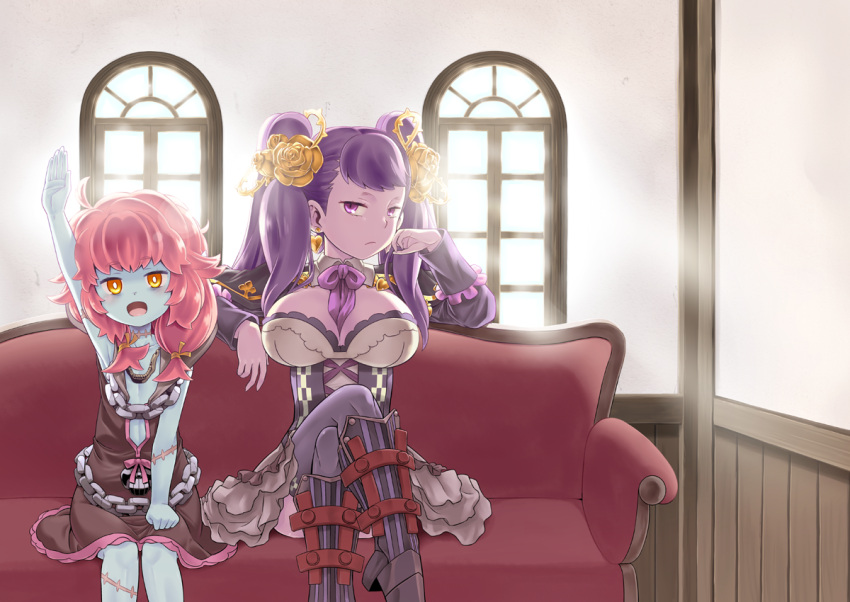 2girls, :d, blue_skin, blue_sky, breasts, colored_skin, crossed_legs, day