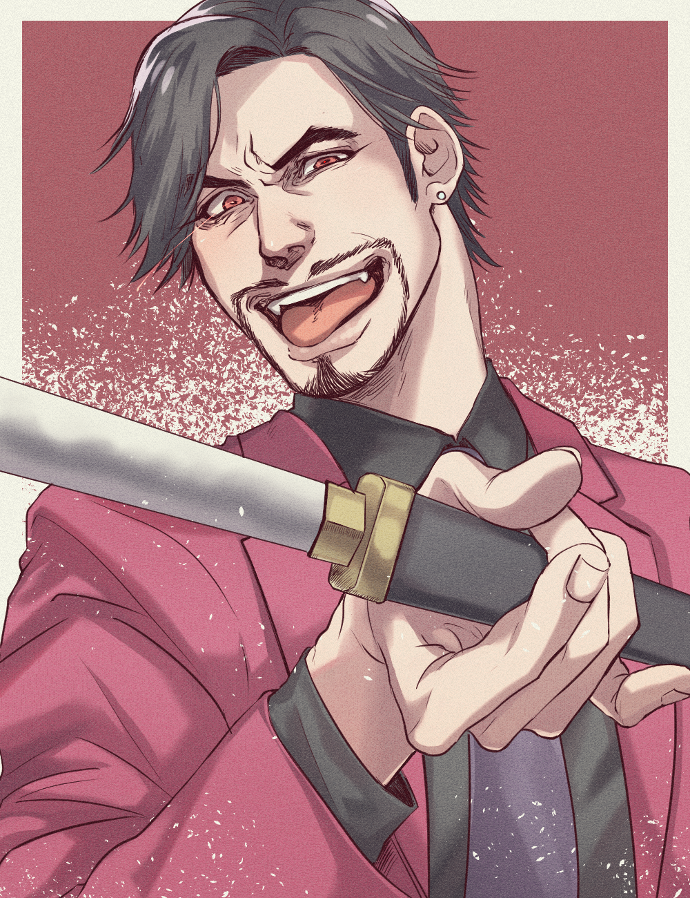 1boy, black_hair, coco_(h221414), dagger, ear_piercing, facial_hair, fangs, formal