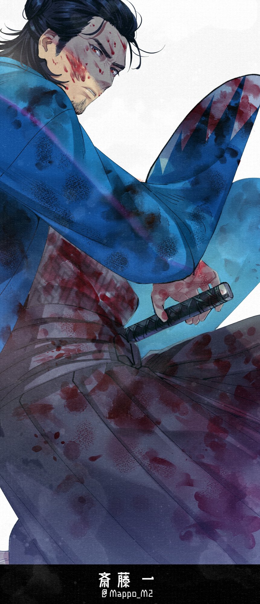 1boy, after_battle, black_hair, blood, blood_on_clothes, blood_on_face, blood_on_hands, blue_jacket