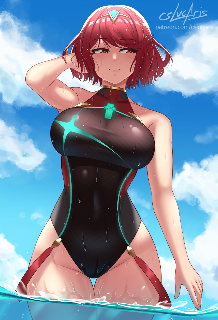 1girl, bangs, black_swimsuit, breasts, chest_jewel, competition_swimsuit, cslucaris, earrings