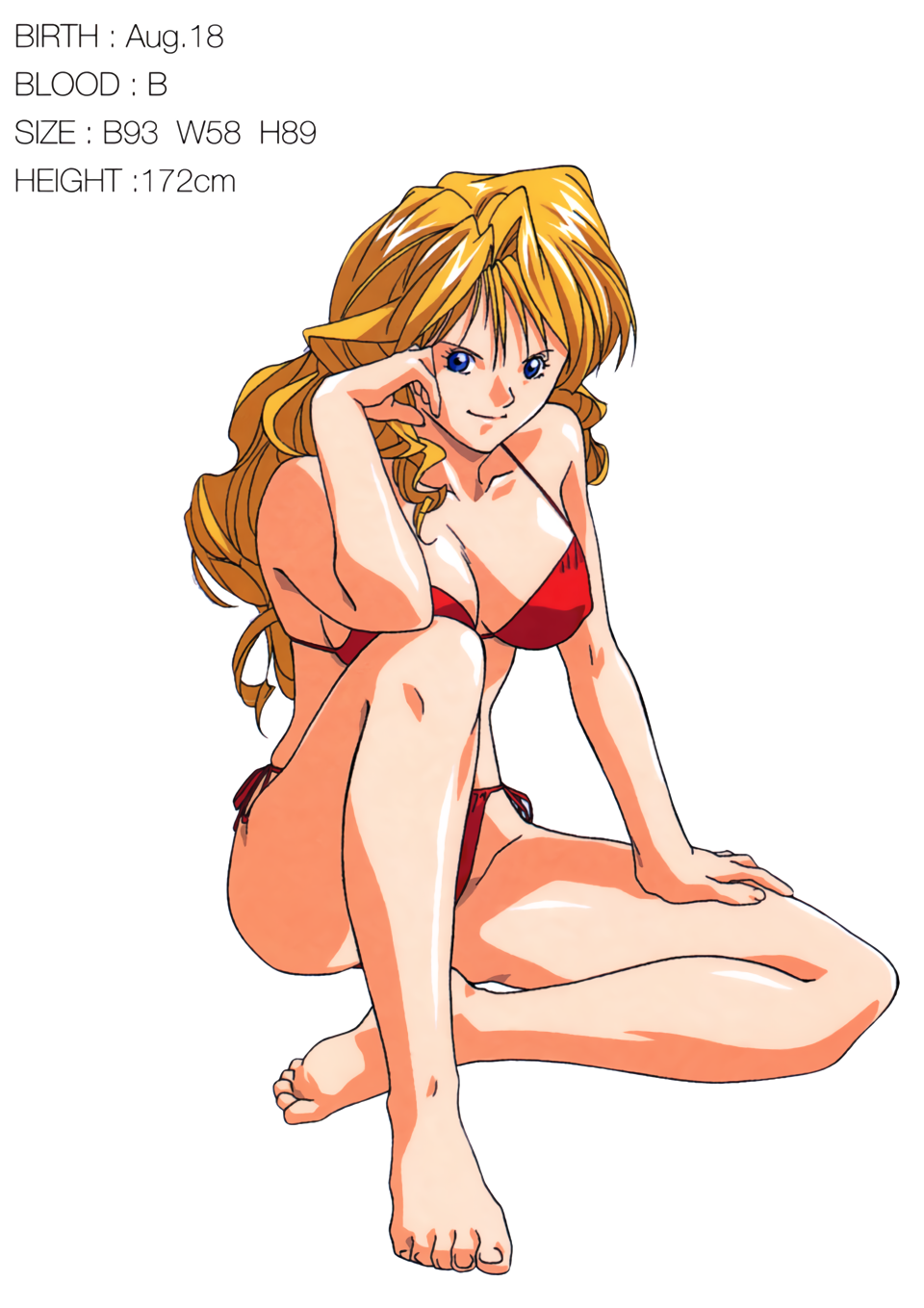 1990s_(style), 1girl, bangs, barefoot, bikini, blonde_hair, blue_eyes, breasts