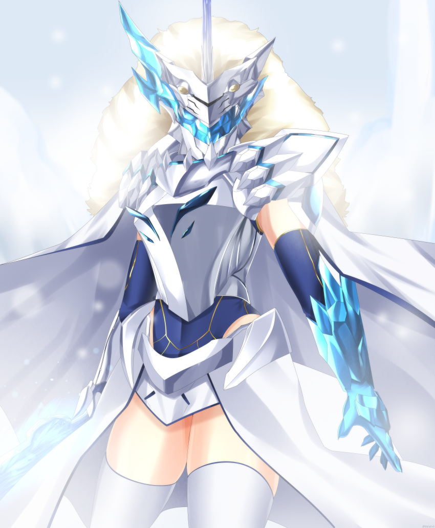 1girl, absurdres, armor, artoria_pendragon_(fate), artoria_pendragon_(lancer)_(fate), blue_gloves, blue_leotard, cape