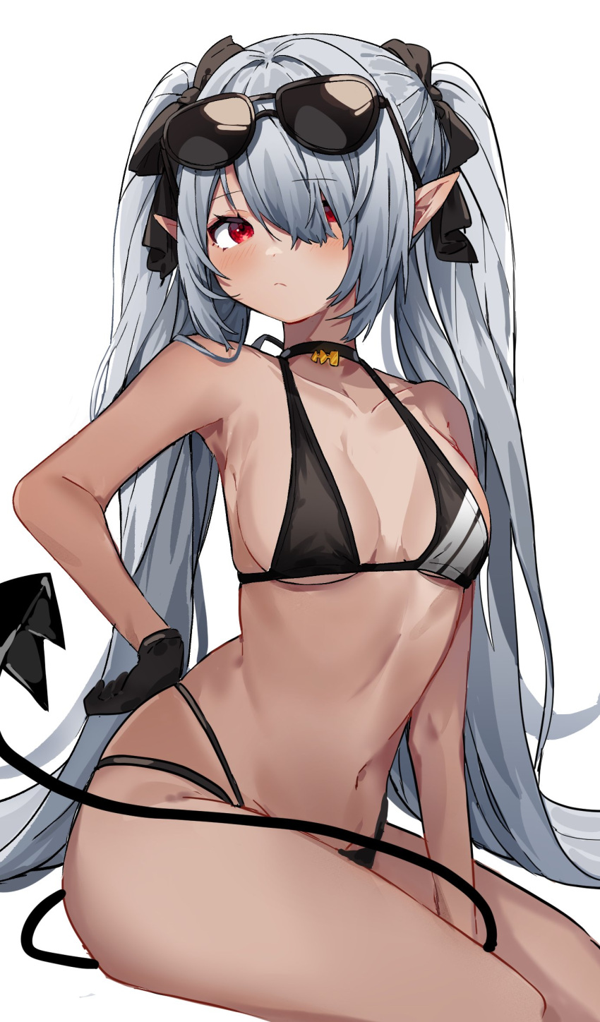 1girl, bangs, bikini, black_bikini, black_gloves, black_ribbon, blue_archive, blush