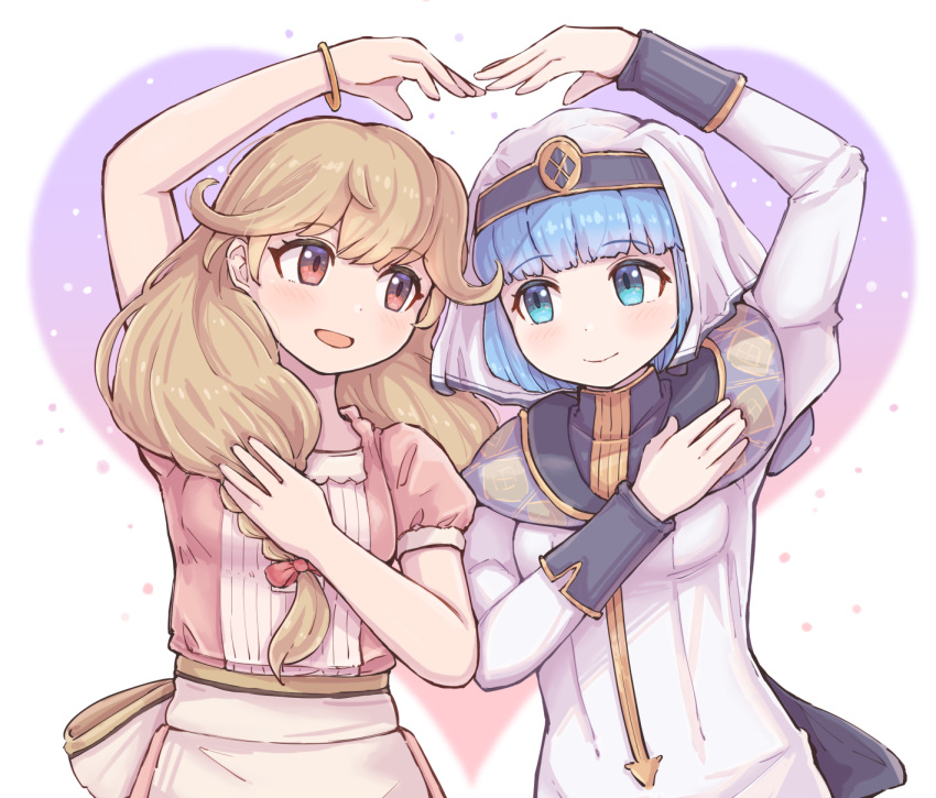 2girls, apron, blonde_hair, blue_eyes, blue_hair, bow, braid, brown_eyes