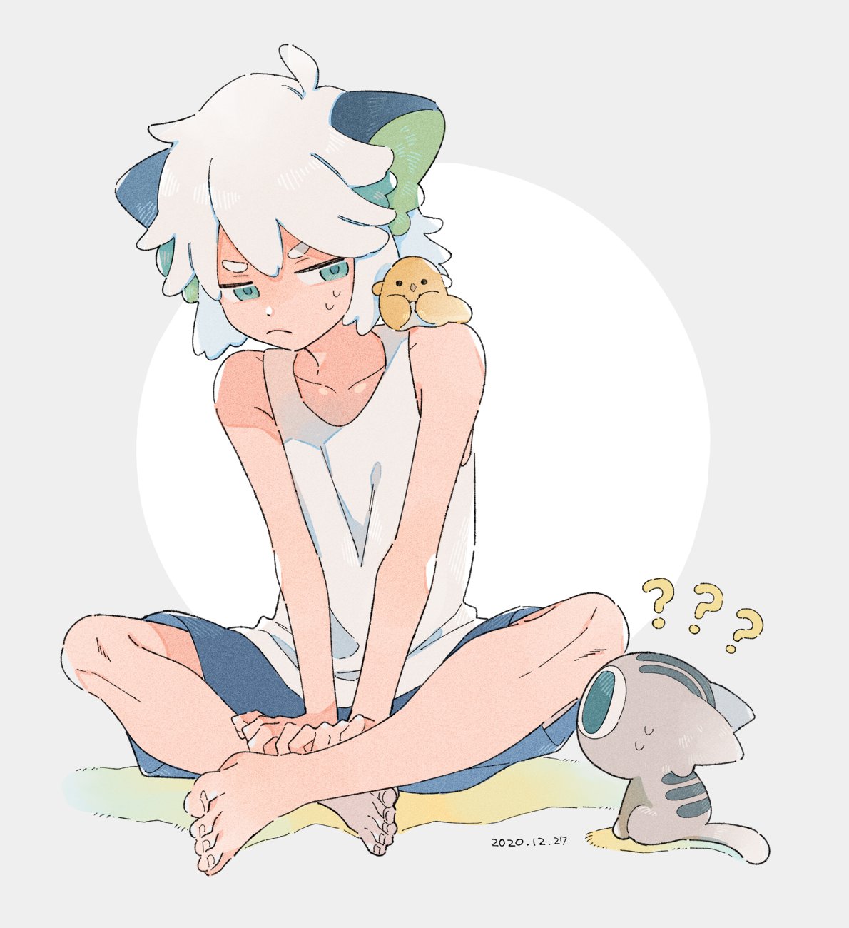 1boy, ?, ??, animal_ears, aqua_eyes, bare_legs, barefoot, bidiu_(the_legend_of_luoxiaohei)