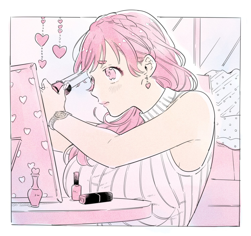 1girl, aizono_manami, braid, breasts, earrings, heart, heart_earrings, highres, holding, indoors, jewelry, kokomi, large_breasts, long_hair, nijisanji, pink_eyes, pink_hair, pink_theme, solo, table, virtual_youtuber, watch, watch, window