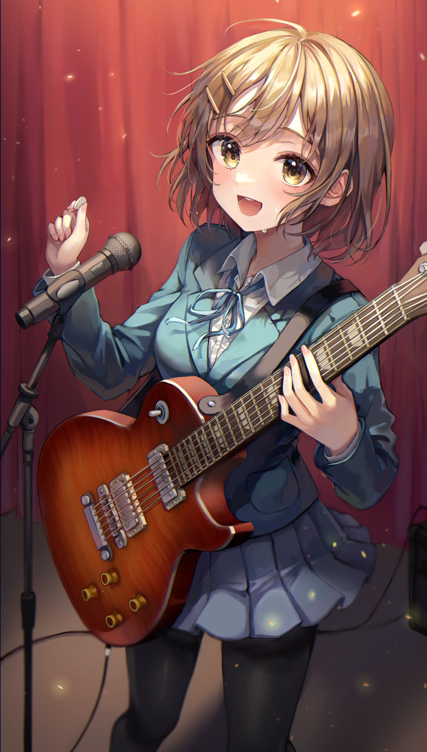 1girl, absurdres, amplifier_(instrument), bangs, black_legwear, blazer, blue_jacket, blue_neckwear