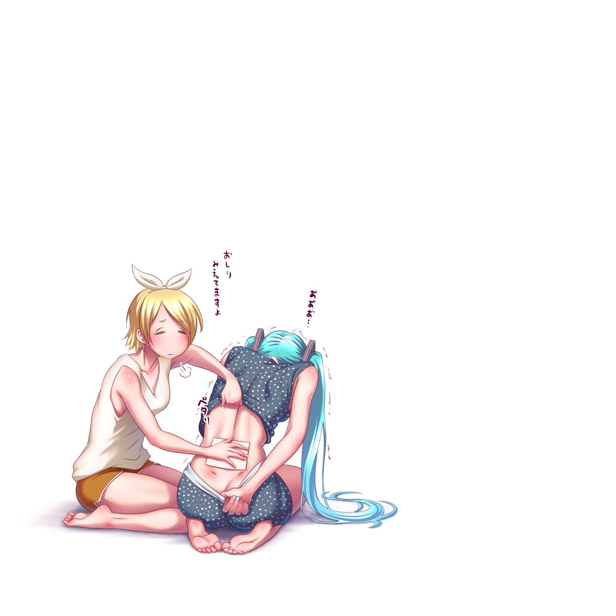 2girls, =_=, alternate_costume, aqua_hair, ass, back_pain, barefoot, blonde_hair