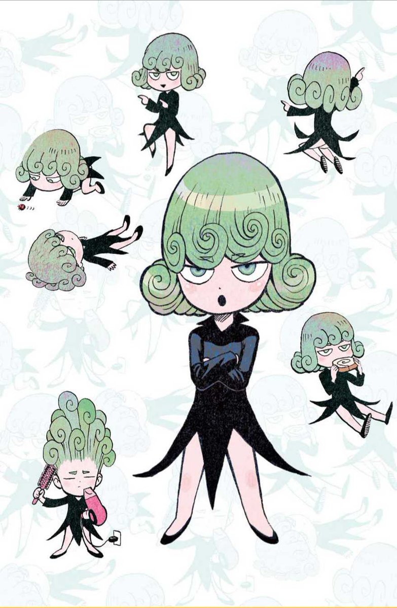 1girl, bare_legs, chibi, comb, crossed_arms, curly_hair, dress, eating