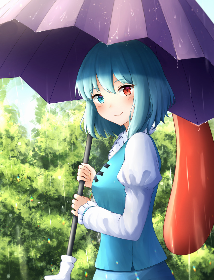 1girl, absurdres, bangs, blue_eyes, blue_hair, blue_vest, closed_mouth, eyebrows_visible_through_hair, from_side, highres, holding, holding_umbrella, juliet_sleeves, karakasa_obake, kuneamorai, long_sleeves, looking_at_viewer, mixed-language_commentary, outdoors, puffy_sleeves, purple_umbrella, rain, red_eyes, shirt, short_hair, smile, solo, tatara_kogasa, tongue, touhou, umbrella, upper_body, vest, white_shirt