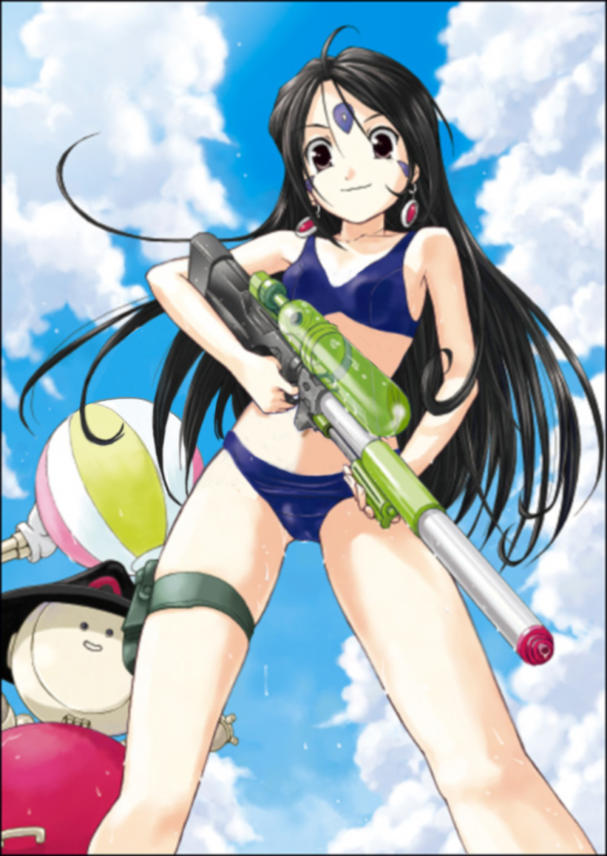 beach, bikini, black_hair, blurry, cloud, clouds, earrings, facial_mark