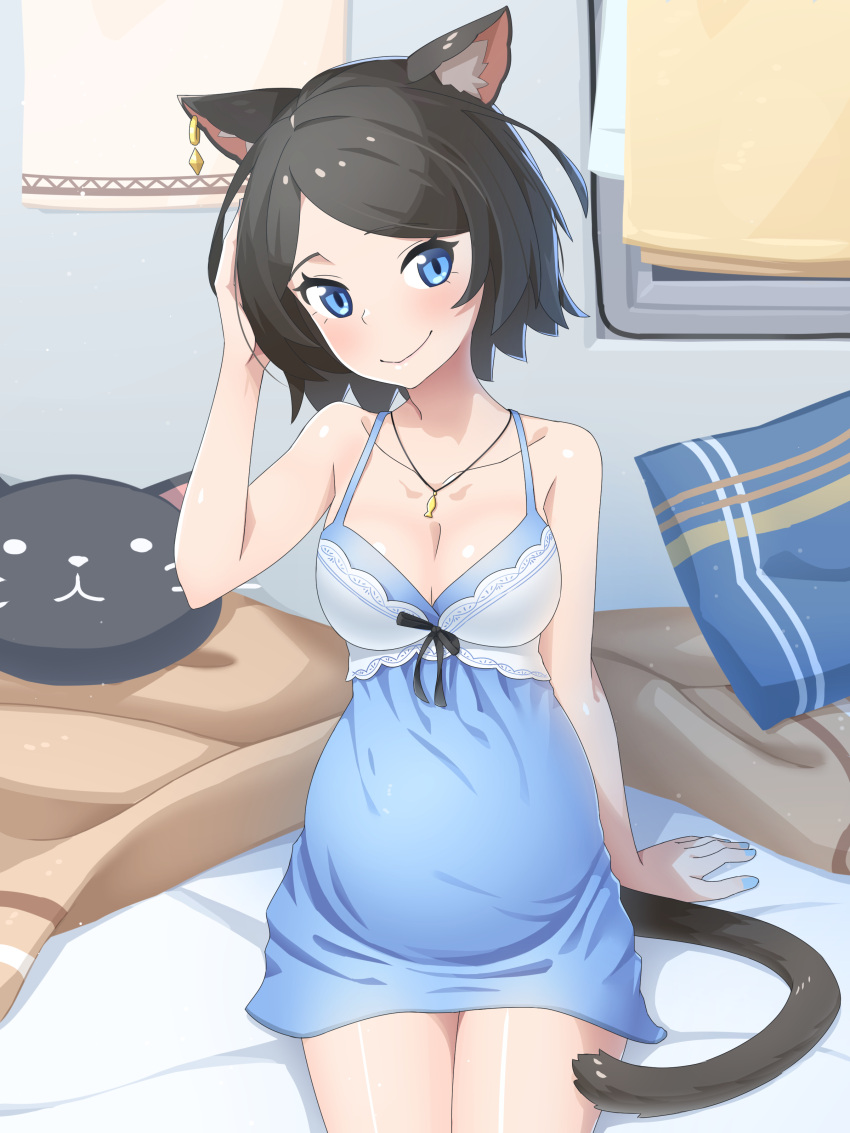 1girl, absurdres, animal_ear_fluff, animal_ears, bare_arms, bare_shoulders, blue_dress, blue_eyes
