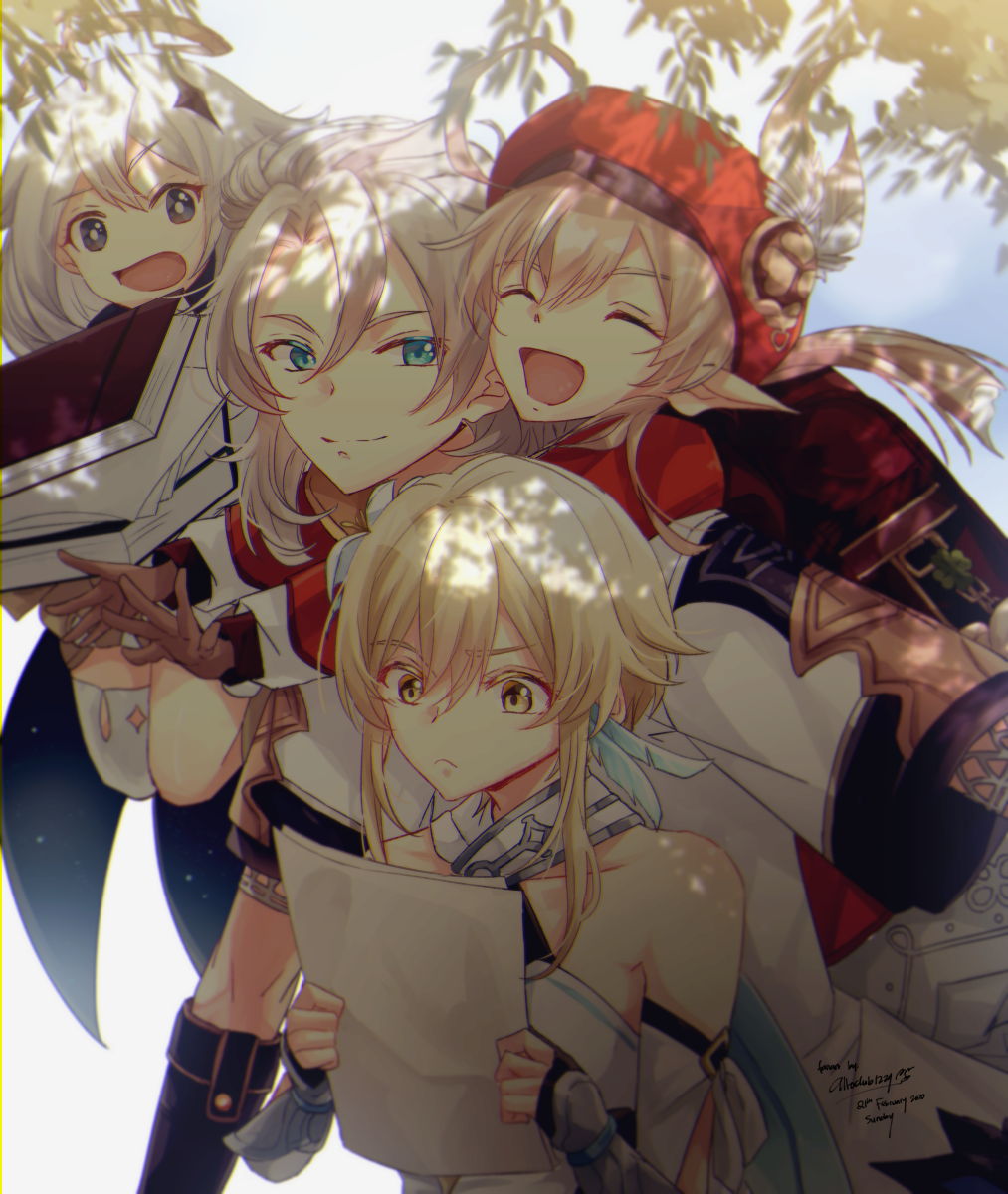 1boy, 3girls, ^_^, ^o^, ahoge, albedo_(genshin_impact), altoclub, backpack