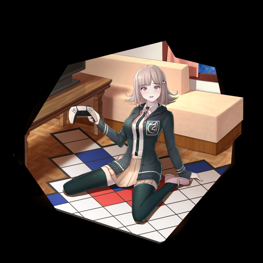 1girl, absurdres, aniya_froh, bangs, black_legwear, black_shirt, breasts, brown_skirt, checkered, checkered_floor, collared_shirt, commentary_request, dangan_ronpa_(series), dangan_ronpa_2:_goodbye_despair, dress_shirt, eyebrows_visible_through_hair, flipped_hair, galaga, hair_ornament, highres, holding, indoors, jacket, large_breasts, looking_at_viewer, medium_hair, nanami_chiaki, neck_ribbon, open_clothes, open_jacket, open_mouth, pink_eyes, pink_footwear, pink_ribbon, playstation_controller, pleated_skirt, ribbon, shiny, shiny_hair, shirt, shirt_tucked_in, shoes, sitting, skindentation, skirt, solo, table, television, thigh-highs, wariza, white_shirt
