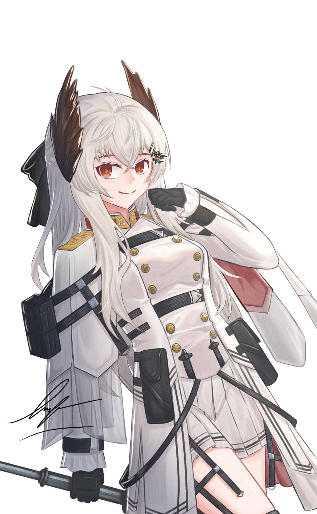 1girl, black_gloves, breasts, collared_jacket, girls_frontline, gloves, hair_ornament, highres, iws_2000_(girls_frontline), long_sleeves, medium_breasts, miniskirt, pleated_skirt, red_eyes, skirt, smile, solo, unitaka, white_hair, white_skirt, white_uniform