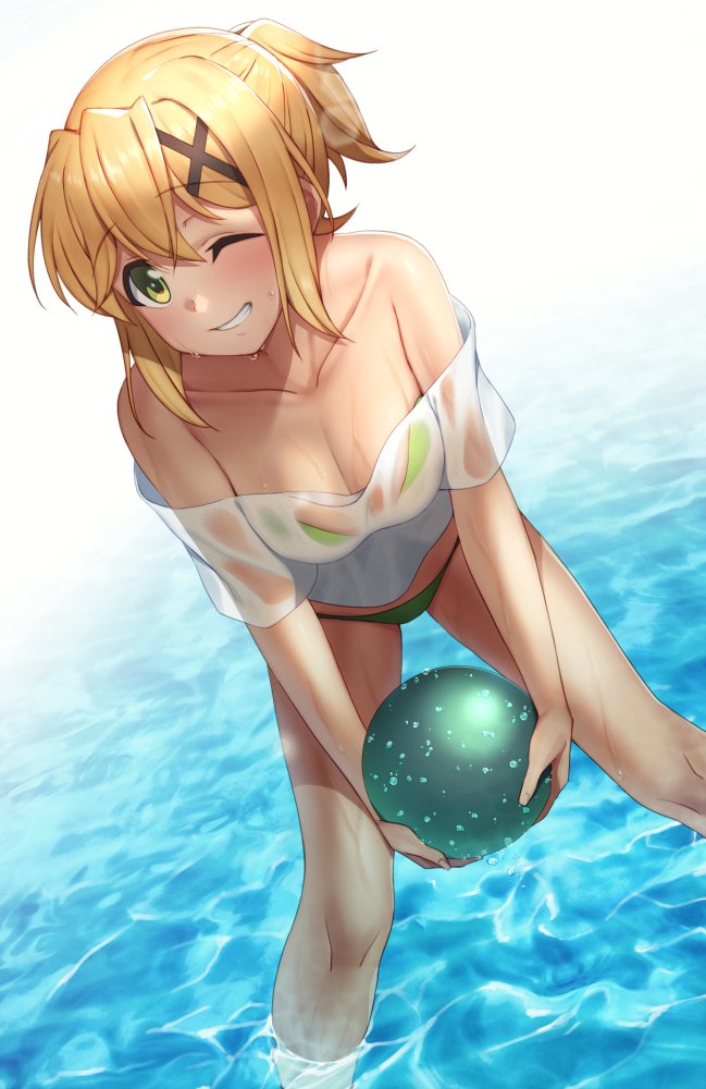 1girl, akatsuki_kirika, ball, bikini, blonde_hair, breasts, collarbone, green_bikini