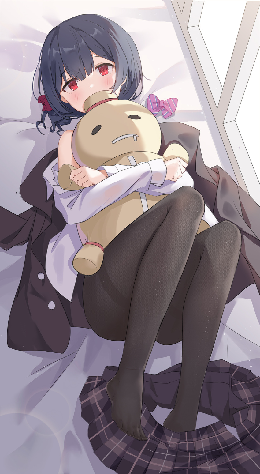 1girl, bangs, black_hair, black_jacket, black_legwear, black_skirt, bow, bow_removed