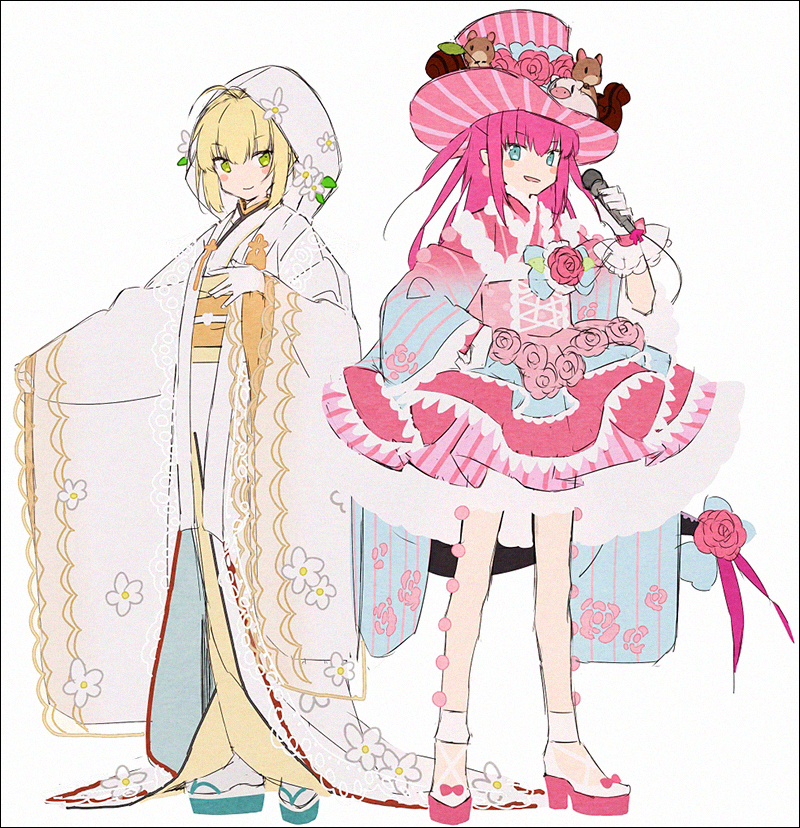 2girls, ahoge, alternate_costume, aqua_footwear, bangs, blue_eyes, corset, elizabeth_bathory_(fate)