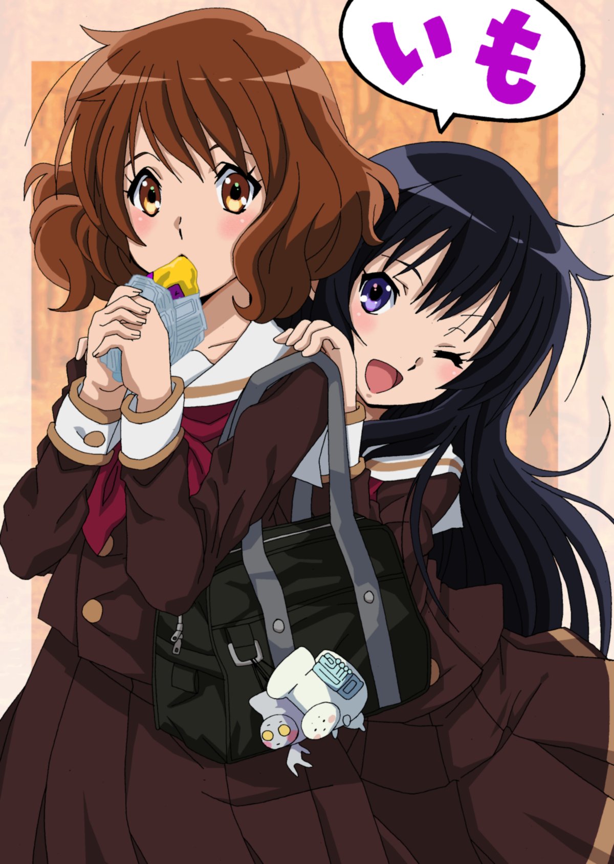 2girls, bag, bangs, black_hair, blush, brown_eyes, brown_hair, brown_shirt, brown_skirt, croquette, eating, eupho-kun, food, food_in_mouth, hands_on_another's_shoulders, hands_up, head_tilt, hibike!_euphonium, highres, holding, holding_food, kitauji_high_school_uniform, kousaka_reina, long_hair, long_sleeves, looking_at_viewer, masaru_(win800), multiple_girls, neckerchief, open_mouth, oumae_kumiko, pleated_skirt, red_neckwear, sailor_collar, school_bag, school_uniform, serafuku, shirt, short_hair, skirt, smile, speech_bubble, standing, violet_eyes, white_sailor_collar