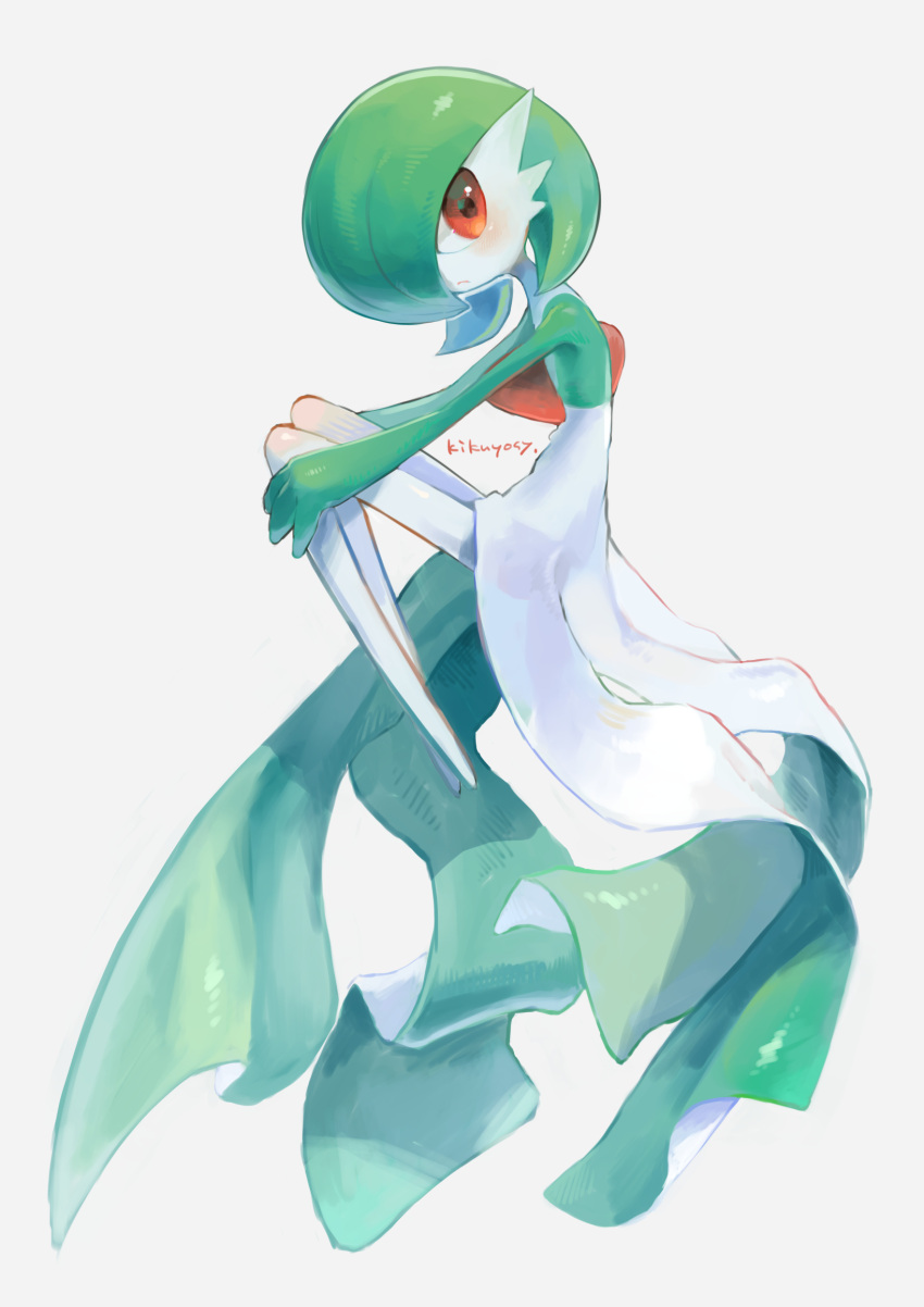 blush, closed_mouth, commentary_request, from_side, full_body, gardevoir, gardevoir_day, gen_3_pokemon