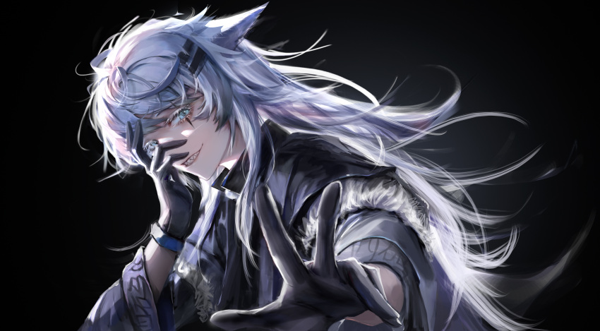 1girl, absurdres, animal_ears, arknights, bangs, black_background, black_gloves, black_jacket