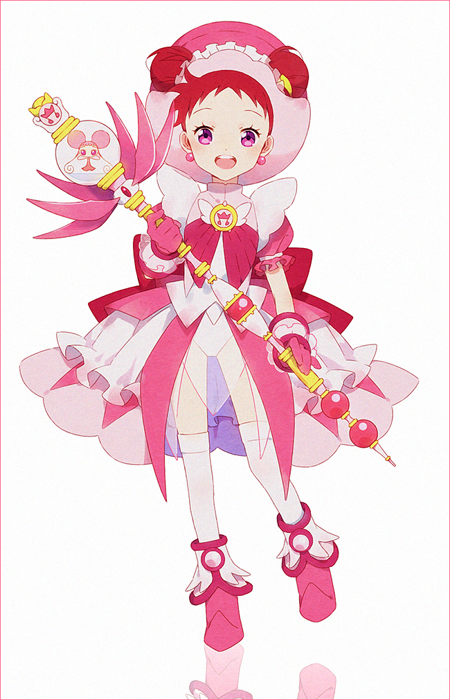 1girl, boots, border, dodo_(ojamajo_doremi), double_bun, dress, earrings, gloves, hakusai_(tiahszld), harukaze_doremi, hat, holding, holding_staff, jewelry, magical_girl, ojamajo_doremi, pink_border, pink_dress, pink_eyes, pink_footwear, pink_gloves, pink_headwear, puffy_short_sleeves, puffy_sleeves, redhead, short_bangs, short_sleeves, smile, solo, staff