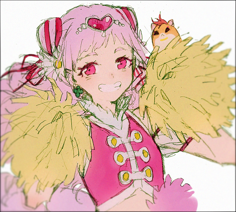 1girl, buttons, clover_earrings, crop_top, cure_yell, detached_sleeves, double_bun, four-leaf_clover_earrings
