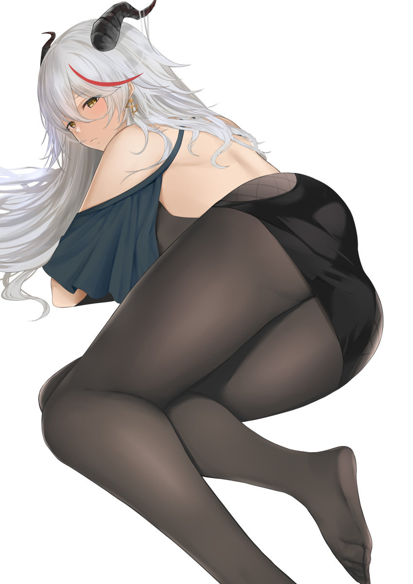 1girl, absurdres, aegir_(azur_lane), ass, axicoi, azur_lane, bareback, bodystocking, cross, cross_earrings, demon_horns, earrings, from_behind, hair_between_eyes, hair_on_horn, highres, horns, jewelry, long_hair, looking_at_viewer, looking_back, lying, multicolored_hair, on_side, redhead, simple_background, solo, streaked_hair, two-tone_hair, white_background, white_hair, yellow_eyes