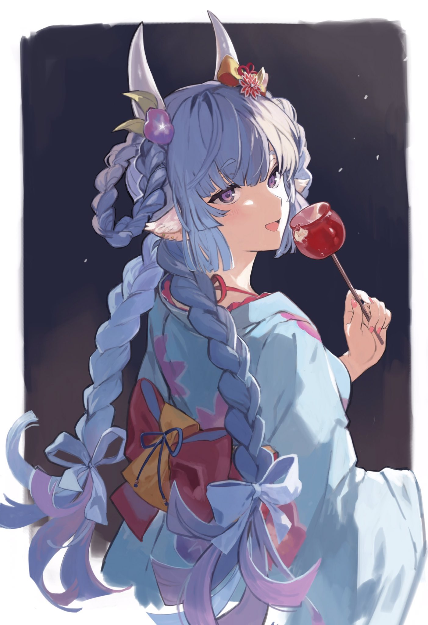 blue_hair, candy, character_request, food, hashibiro_kou_(garapiko_p), highres, horns, japanese_clothes