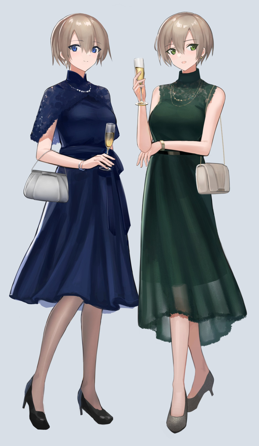 2girls, absurdres, alcohol, bag, belt, blue_dress, blue_eyes, bracelet, brown_hair, cup, dress, drinking_glass, earrings, gold_necklace, green_dress, green_eyes, handbag, high_heels, highres, jewelry, long_skirt, multiple_girls, necklace, original, pearl_necklace, shiroyama_soh, short_hair, siblings, sisters, skirt, sleeveless, sleeveless_dress, twins, watch, watch, wine, wine_glass