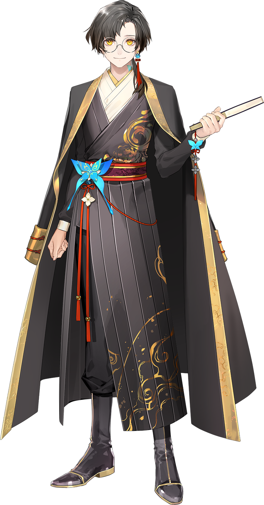 1boy, black_footwear, black_hair, boots, clenched_hand, cloak, earrings, glasses, han_chi_ho, highres, holding, jewelry, korean_clothes, looking_at_viewer, male_focus, mole, mole_under_eye, nijisanji, nijisanji_kr, official_art, parted_hair, round_eyewear, single_earring, smile, solo, tied_hair, transparent_background, u3n17, virtual_youtuber, yellow_eyes