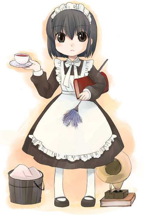:<, apron, bob_cut, book, bucket, chibi, cup, duster, hayashi_tsugumi, maid, maid_headdress, phonograph, shirley, shirley_medison, solo, tea, teacup
