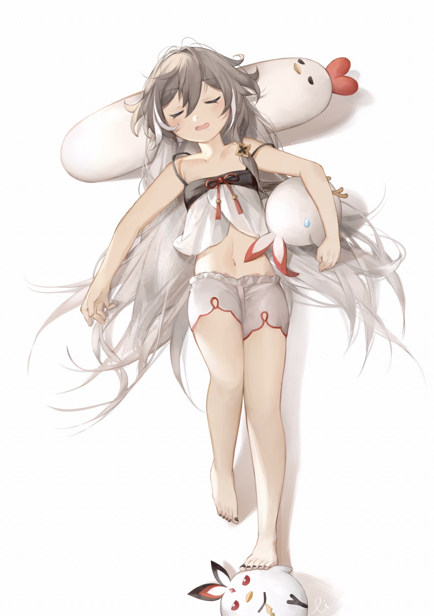 1girl, :d, bangs, barefoot, bird, black_nails, chicken, closed_eyes