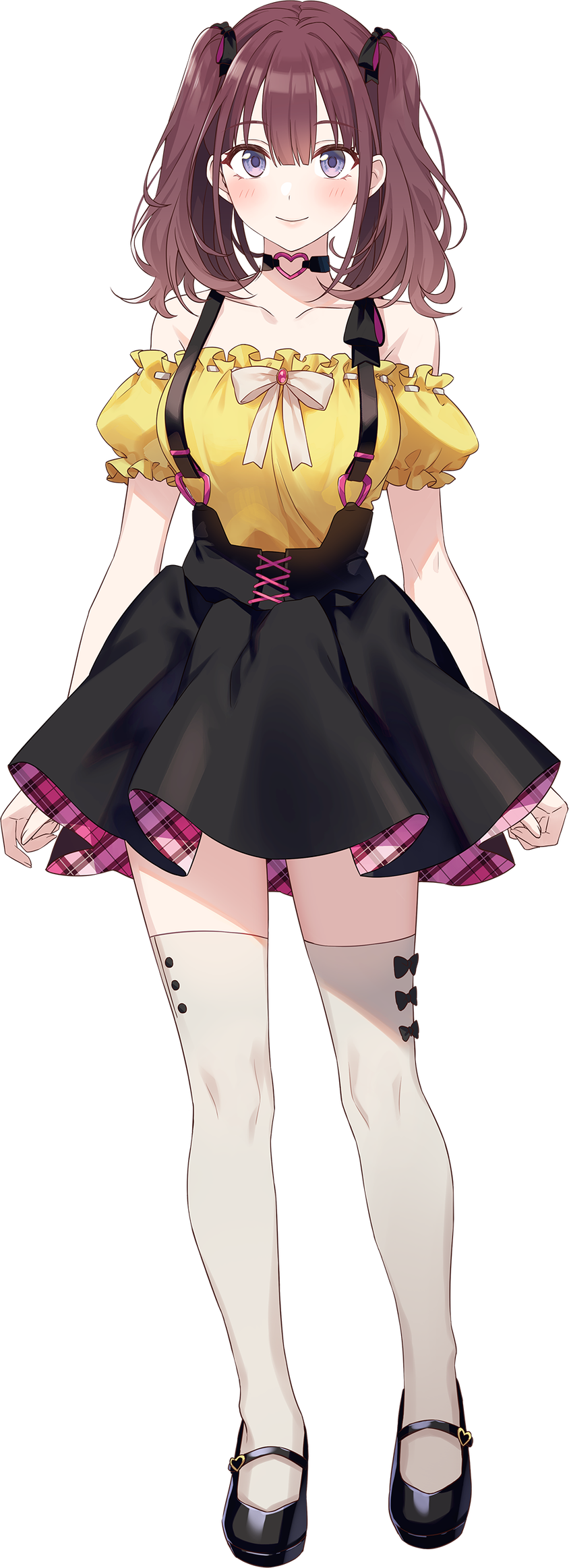 1girl, black_choker, black_footwear, black_skirt, blush, breasts, brown_hair, choker, collarbone, frilled_shirt, frills, hair_behind_ear, heart, heart_choker, highres, lee_roha, looking_at_viewer, medium_breasts, nijisanji, nijisanji_kr, off-shoulder_shirt, off_shoulder, official_art, shirt, skirt, smile, solo, suspenders, thigh-highs, tomari_(veryberry00), transparent_background, twintails, violet_eyes, virtual_youtuber