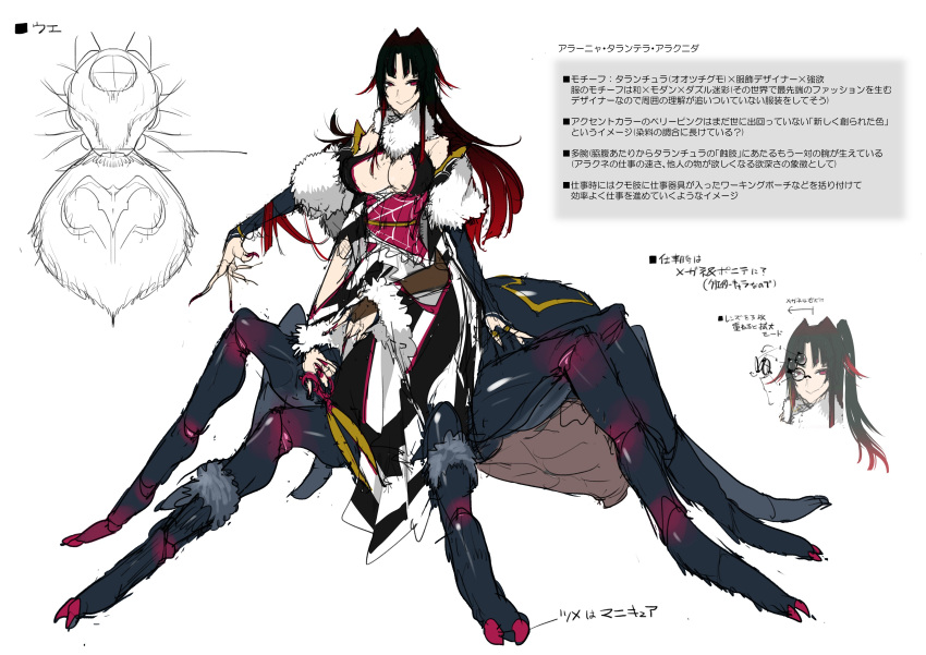 1girl, :>, absurdres, arachne, arahnia_taranterra_arachnida, arthropod_girl, black_hair, breasts