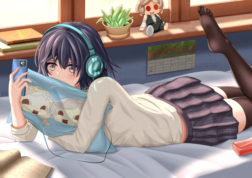 1girl, alice_(sinoalice), bangs, bed, bed_sheet, bedroom, black_legwear, blue_hair