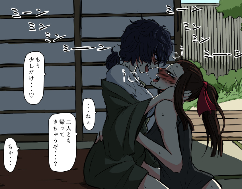 2girls, after_kiss, black_hair, blush, breath, brown_hair, fence, girls_und_panzer