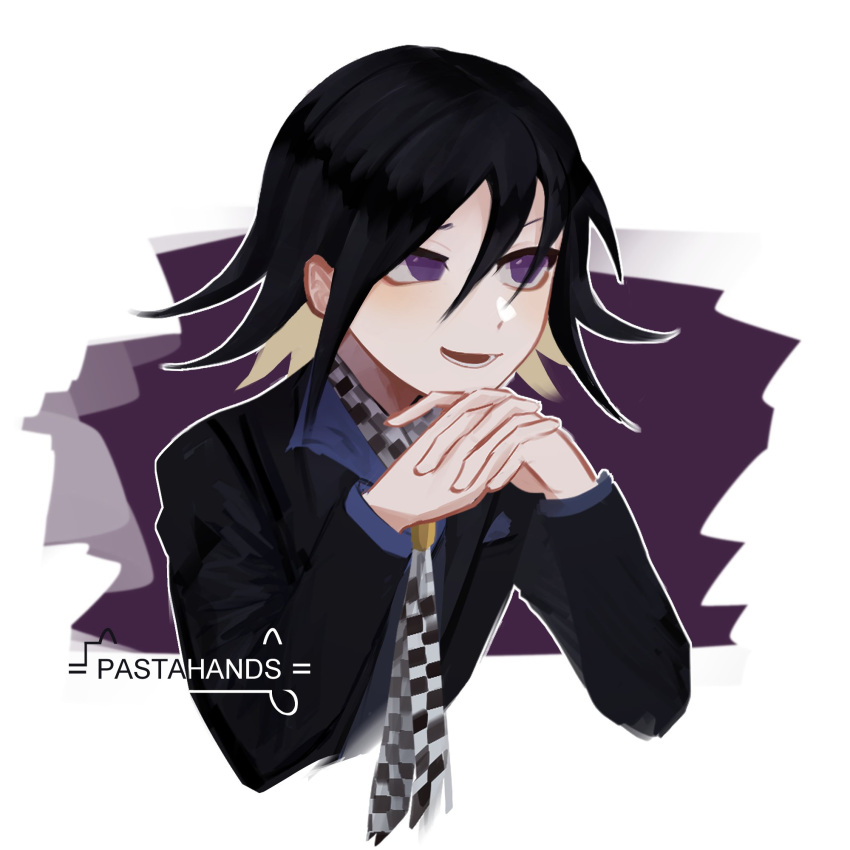 1boy, alternate_costume, artist_name, bangs, black_hair, black_jacket, checkered, checkered_neckwear