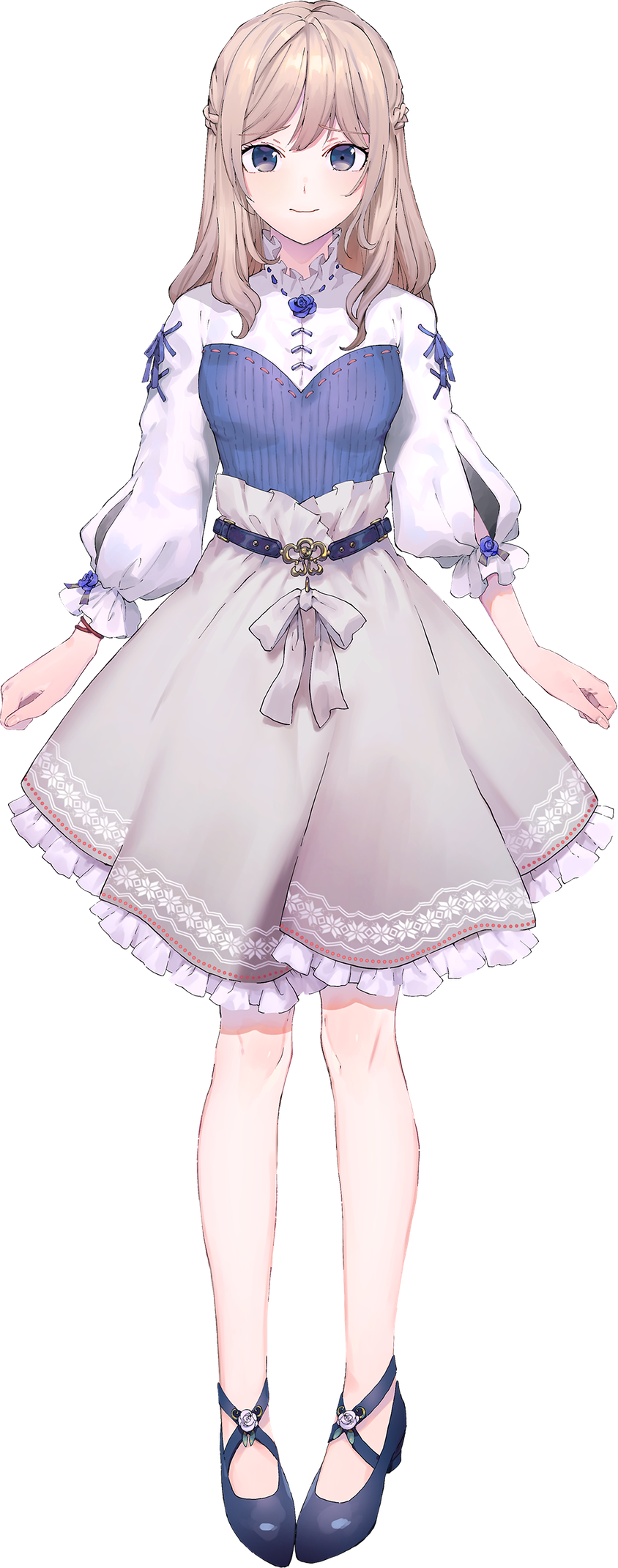 1girl, aoki_(fumomo), bangs, black_footwear, blonde_hair, blue_flower, blue_rose, braid