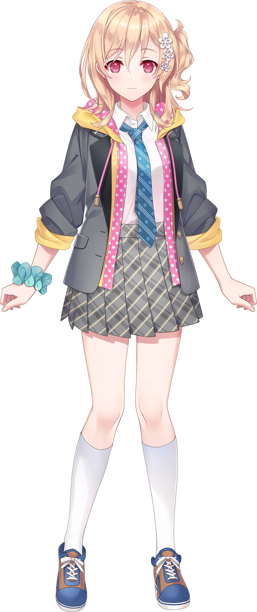1girl, akira_ray, bangs, blazer, blonde_hair, blue_neckwear, bracelet, collared_shirt