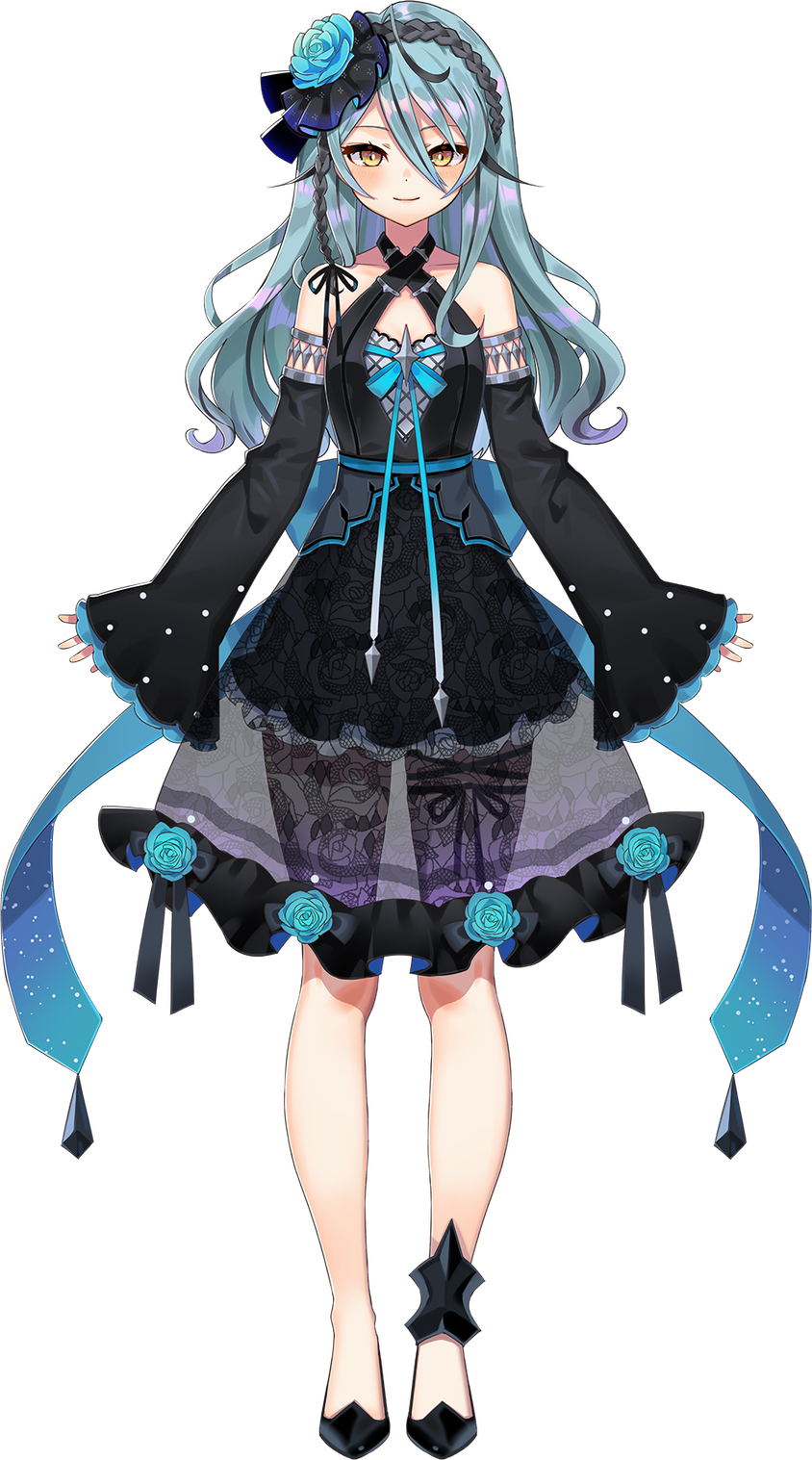 1girl, arutera, bangs, banned_artist, black_dress, black_footwear, black_sleeves, blue_flower, blue_hair, blue_rose, breasts, detached_sleeves, dress, flower, gothic_lolita, hair_behind_ear, hair_between_eyes, hair_flower, hair_ornament, high_heels, highres, lolita_fashion, long_hair, nijisanji, nijisanji_kr, official_art, open_mouth, rose, ryu_hari, sleeves_past_wrists, small_breasts, smile, solo, transparent_background, virtual_youtuber, yellow_eyes