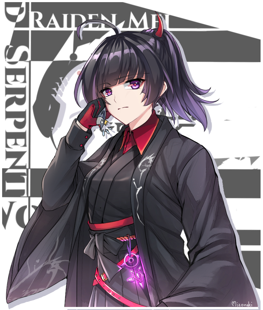 1girl, animal, antenna_hair, bangs, black_gloves, black_kimono, closed_mouth, fish