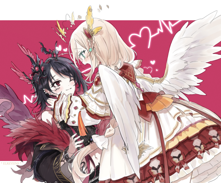 2girls, angel_wings, black_hair, black_jacket, blonde_hair, blue_eyes, blush, chae_ara
